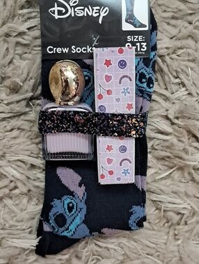 Disney Black Crew Socks with Blue & Light Purple Stitch Design